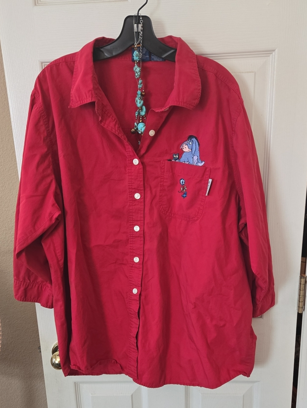 Vintage Red Button-Up Shirt with Eeyore Embroidery Pooh Bear Winnie The Pooh